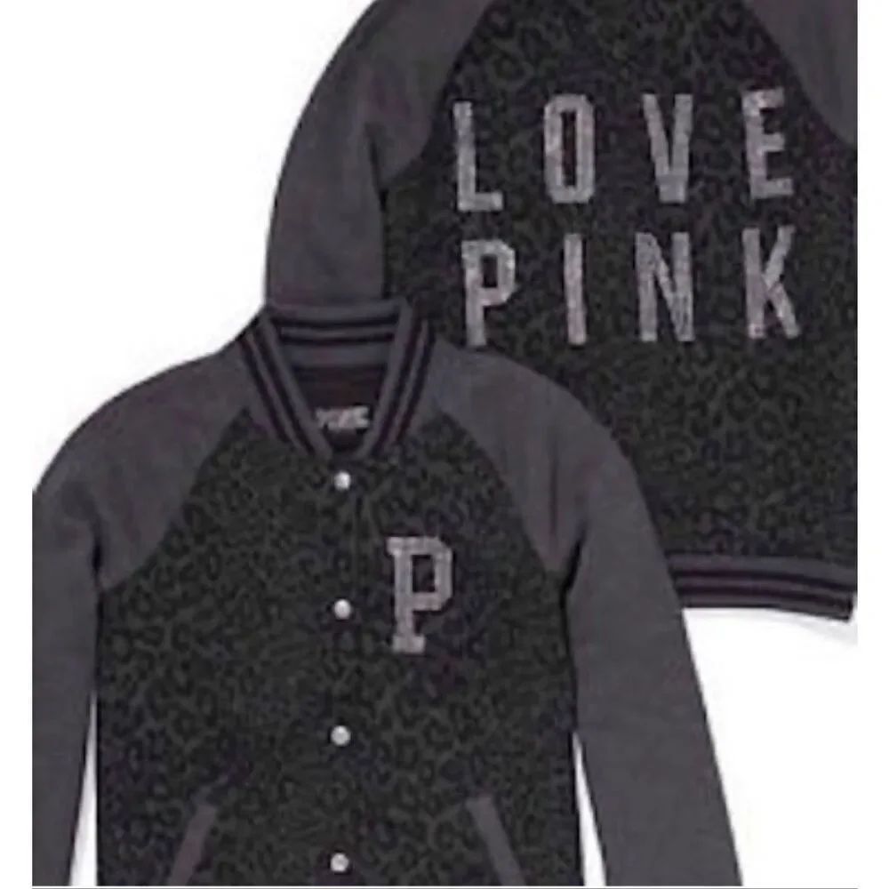 sz large VS pink leopard print & rhinestone bling   logo bomber jacket coat grey
